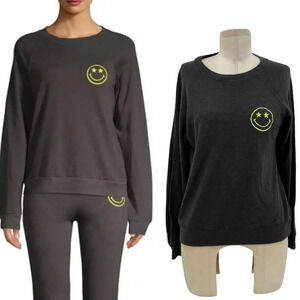 Monrow‎ Smiley Face Pullover Long Sleeve Charcoal Gray Neon Green Size Small